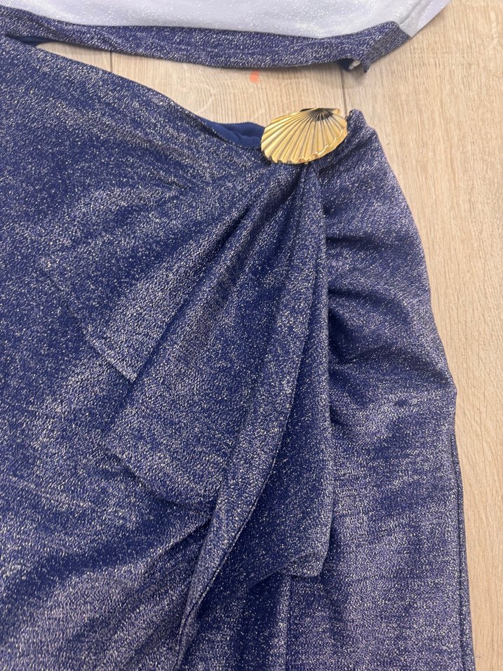 Beyaz ve Lacivert Drapeli Uzun Abiye Elbise Raisa Vanessa - Görsel 5