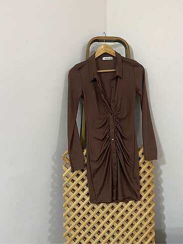 xs Beden kahverengi Renk Uzun kollu önden komple düğmeli elbise