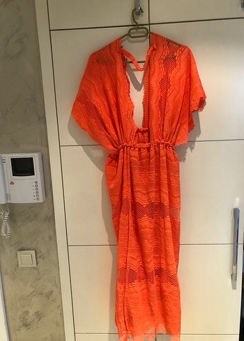 Turuncu Bohem Uzun Drapeli Elbise - Görsel 2