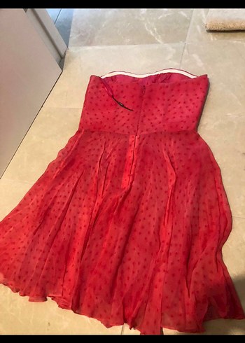 Kırmızı Mini Drapeli Straplez Elbise - Görsel 2