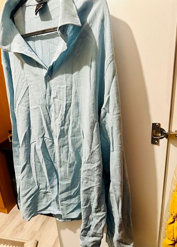 Mavi Uzun Kollu Keten Gömlek - Görsel 6