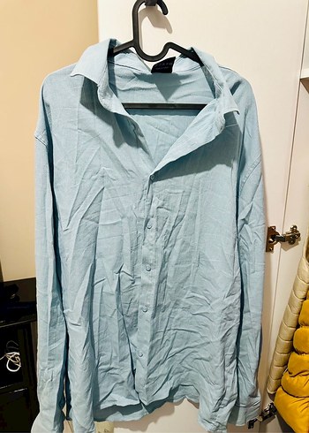 Mavi Uzun Kollu Keten Gömlek - Görsel 2