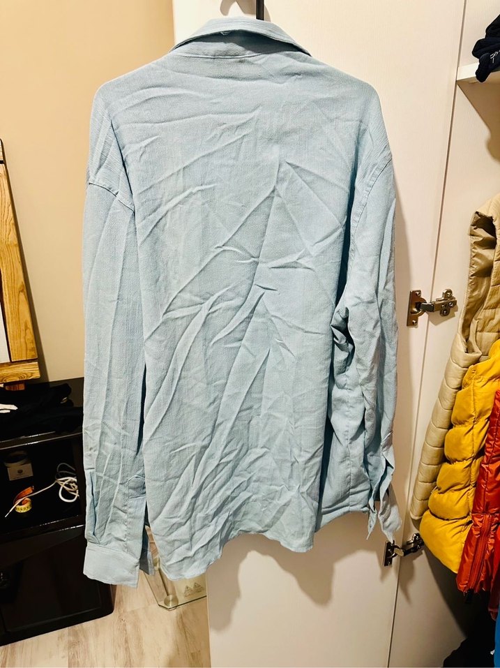 Mavi Uzun Kollu Keten Gömlek - Görsel 3