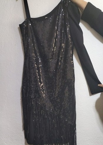 Siyah Pul Payetli Tek Kollu Mini Abiye Elbise - Görsel 3