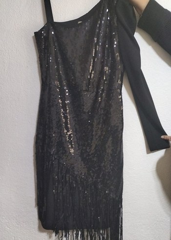 Siyah Pul Payetli Tek Kollu Mini Abiye Elbise - Görsel 2