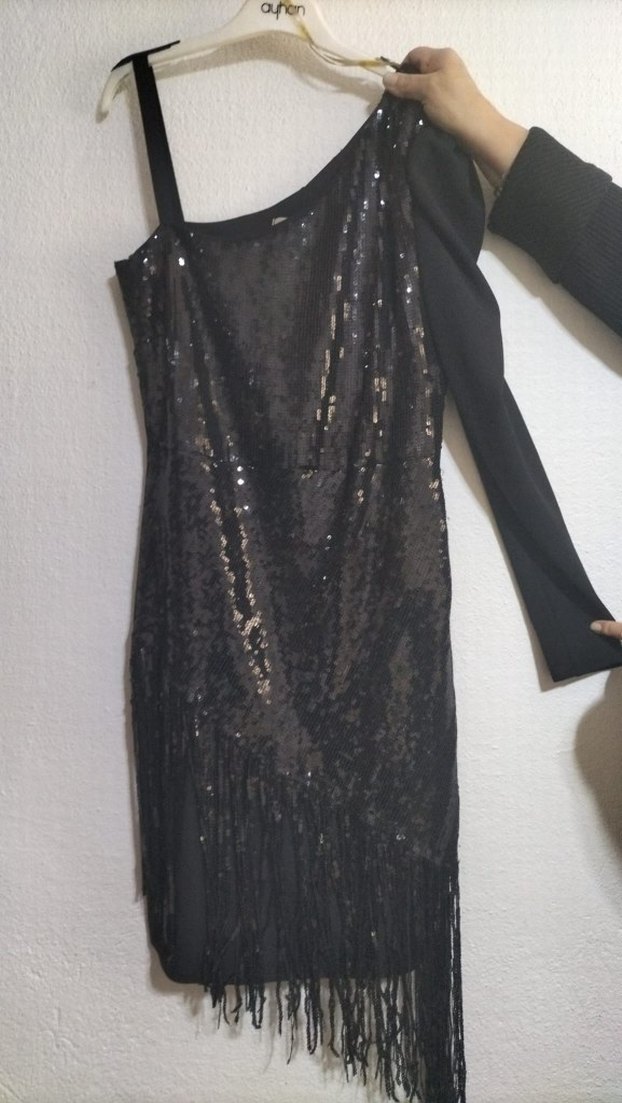 Siyah Pul Payetli Tek Kollu Mini Abiye Elbise - Görsel 3