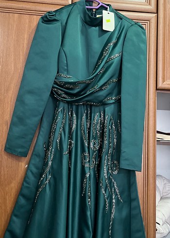 Yeşil Uzun Kollu Drapeli Abiye Elbise - Görsel 5