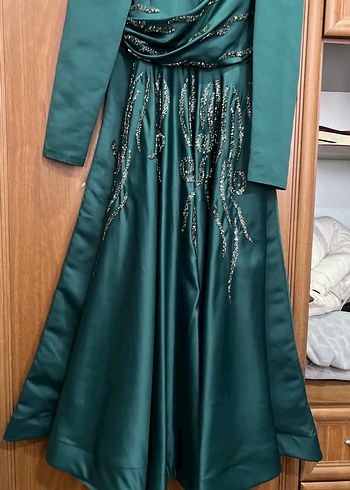 Yeşil Uzun Kollu Drapeli Abiye Elbise - Görsel 2