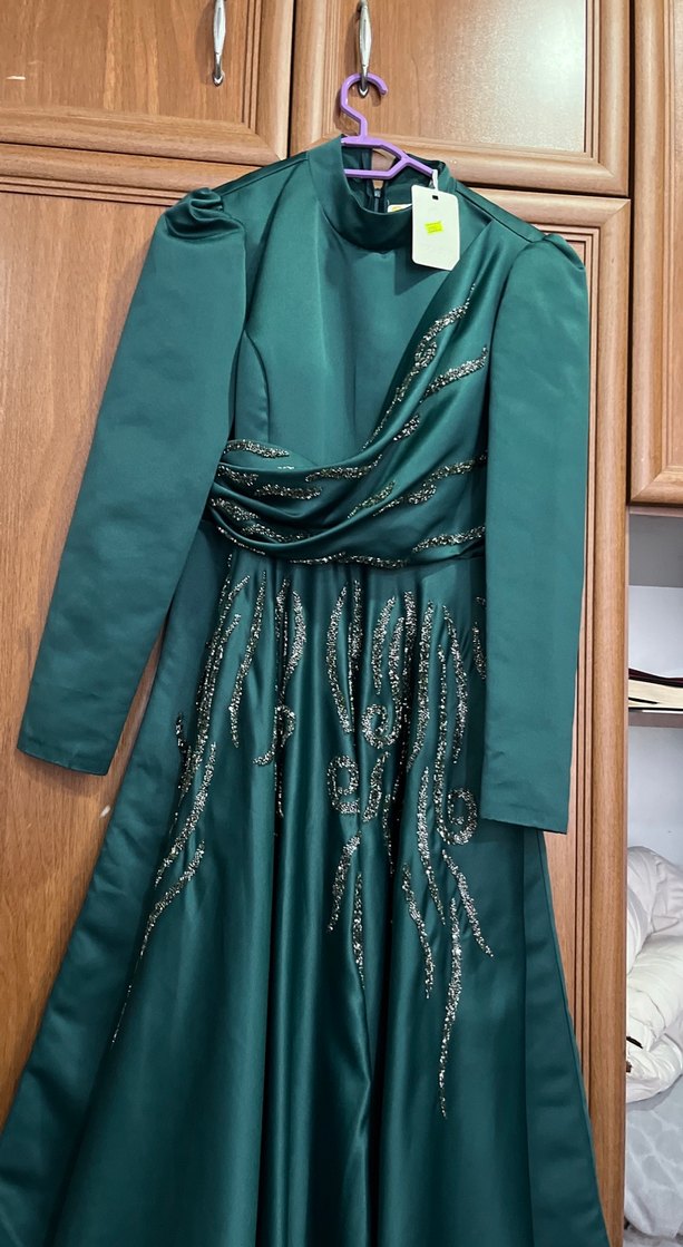 Yeşil Uzun Kollu Drapeli Abiye Elbise - Görsel 5