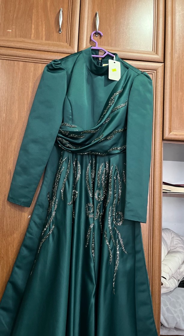 Yeşil Uzun Kollu Drapeli Abiye Elbise - Görsel 3