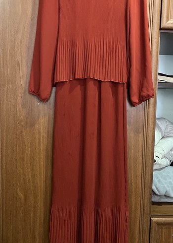 Uzun Kollu Pilili Kahverengi Elbise - Görsel 2