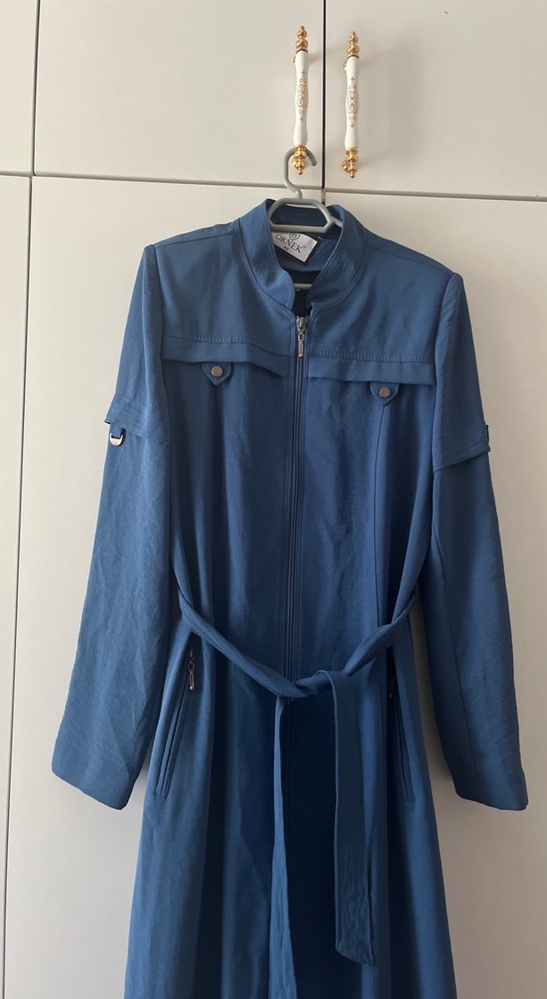 Kadın Lacivert Kuşaklı Uzun kap pardesü - Görsel 4