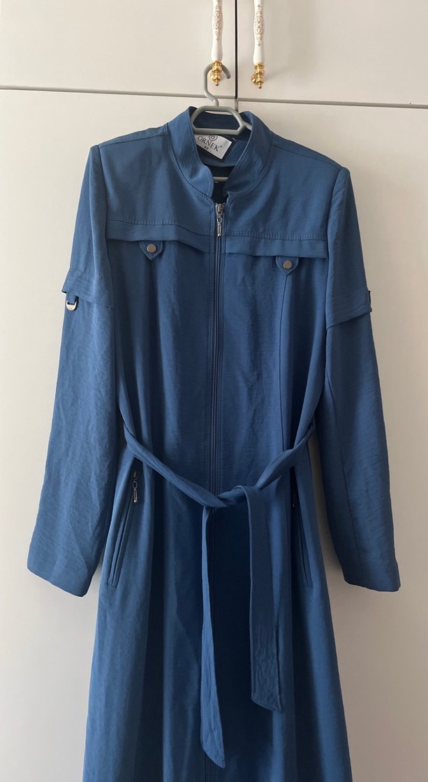 Kadın Lacivert Kuşaklı Uzun kap pardesü - Görsel 5