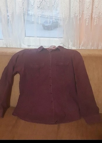 Bordo Keten Kadın Gömlek, Uzun Kollu, Düğmeli