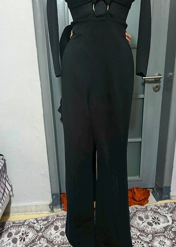 Siyah Düşük Kollu Göğüs Halkalı Midi Boy Abiye Elbise - Görsel 7