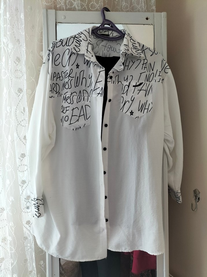 Gri Baskılı Kadın Keten Gömlek - Görsel 2