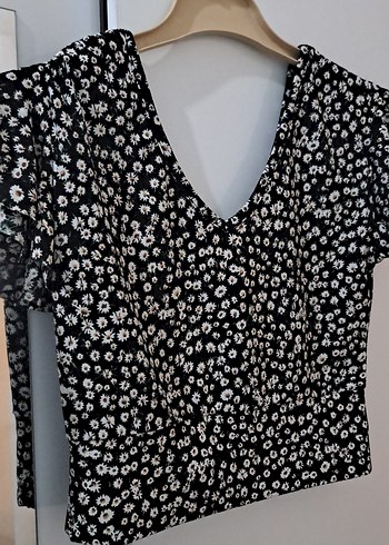 çiçekli v Yaka Siyah Desenli Kadın etek bluz ikili takım - Görsel 2