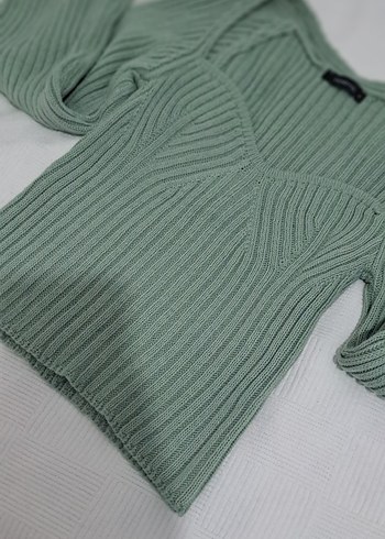 V Yaka Fitilli Yeşil Kadın Triko - Görsel 4
