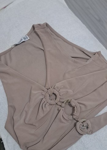 Bej V Yaka Kemerli Mini Bluz - Görsel 2