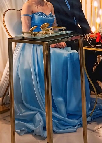 Uzun Mavi Drapeli Straplez Nişan Söz Elbisesi - Görsel 2