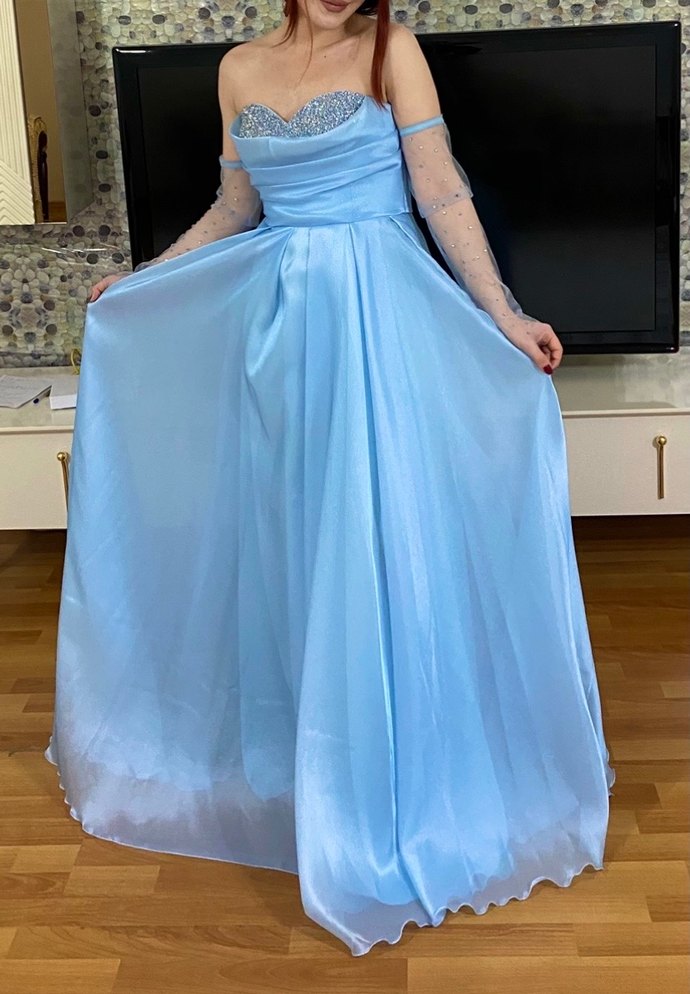 Uzun Mavi Drapeli Straplez Nişan Söz Elbisesi - Görsel 3