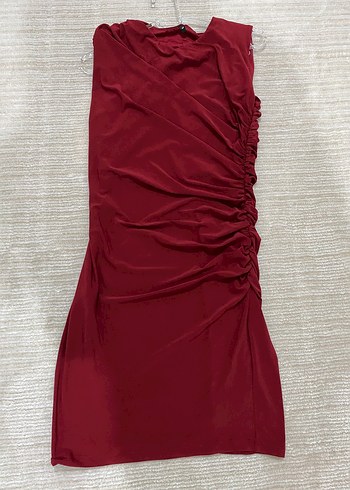 Bordo Drapeli V Yaka Kolsuz Mini Elbise - Görsel 2