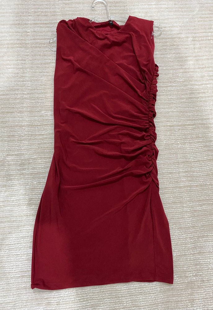 Bordo Drapeli V Yaka Kolsuz Mini Elbise - Görsel 2