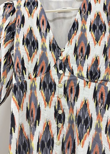 V Yaka Düğmeli Mini Bohem Elbise - Görsel 2