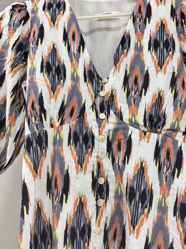 V Yaka Düğmeli Mini Bohem Elbise - Görsel 2