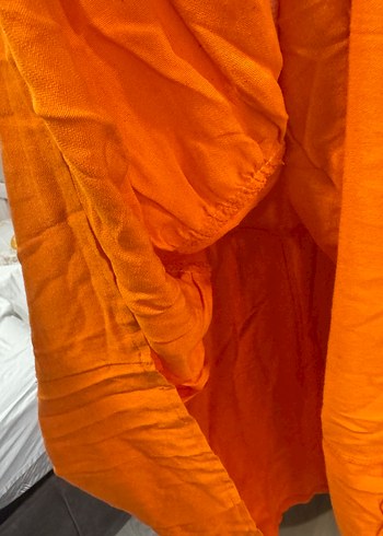 Turuncu V Yaka Düğmeli Uzun Keten Elbise - Görsel 4