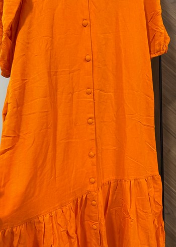 Turuncu V Yaka Düğmeli Uzun Keten Elbise - Görsel 8