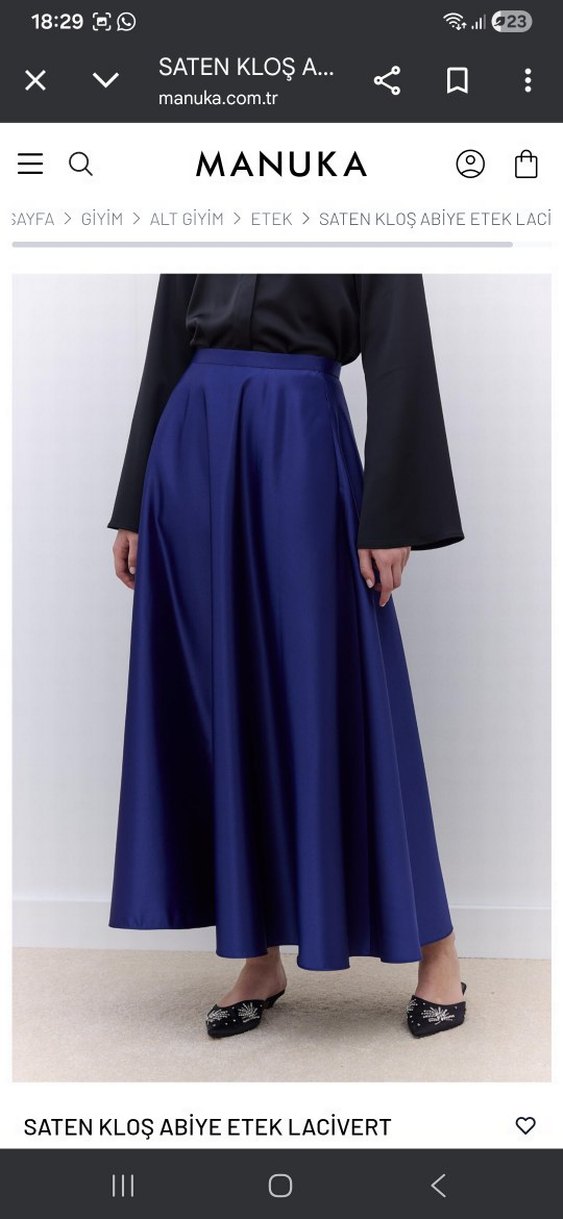 Manuka Lacivert Saten Uzun Dökümlü Etek - Görsel 2