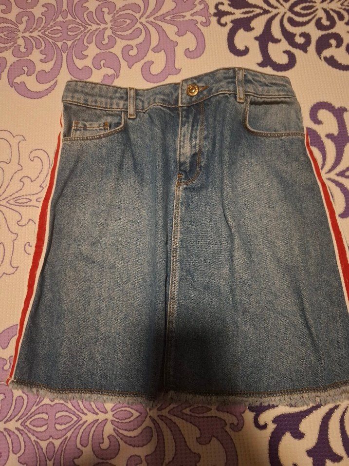 Çizgili Kot Mini Etek - Görsel 3