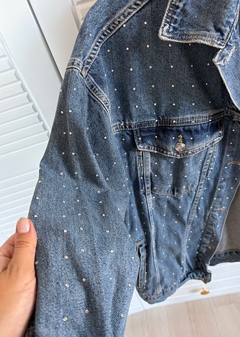 m Beden Taş Detaylı Düğmeli Mavi Kadın Denim Ceket