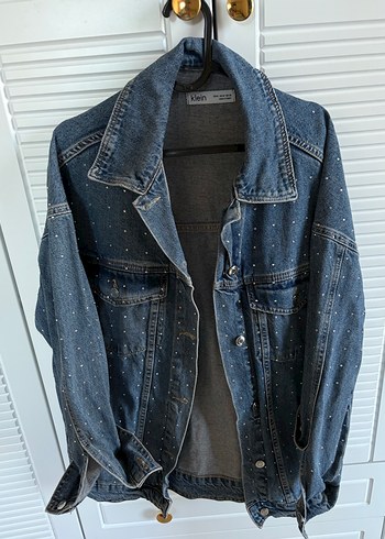 Taş Detaylı Düğmeli Mavi Kadın Denim Ceket