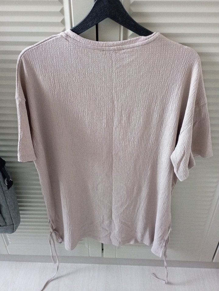 Bej Keten Kadın Kısa Kollu Bluz - Görsel 2