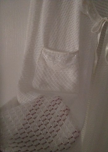 Beyaz V Yaka Midi Keten Kadın Hırka,sabahlik,ev giyim - Görsel 7