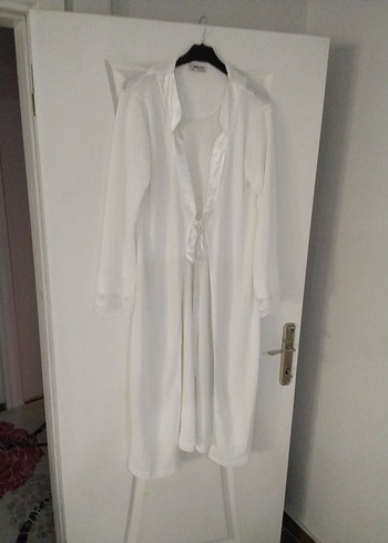 Kadın Uzun Beyaz Salaş sabahlik,simli,ev giyim - Görsel 3