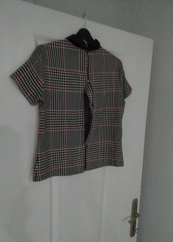 Gri Ekose Desenli Kısa Kollu Kadın Gömlek - Görsel 8