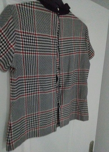 Gri Ekose Desenli Kısa Kollu Kadın Gömlek - Görsel 4