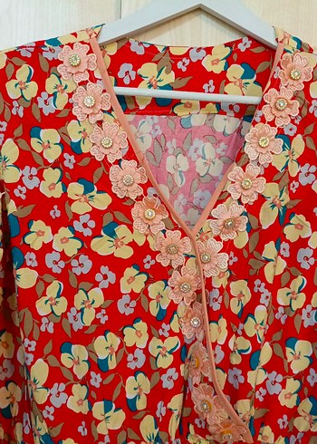 renkli uzun omuz detaylı elbise - Görsel 2