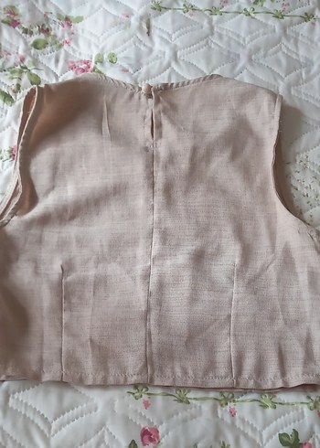 Bej Keten Kolsuz uste oturan kısa Bluz - Görsel 3