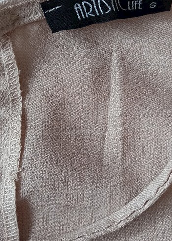 Bej Keten Kolsuz uste oturan kısa Bluz - Görsel 4