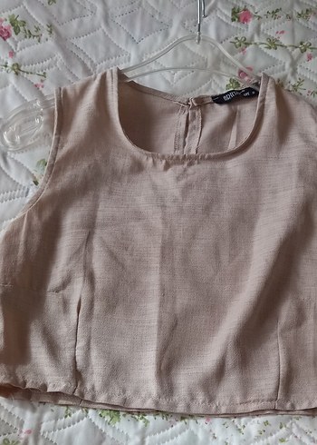 Bej Keten Kolsuz uste oturan kısa Bluz - Görsel 2