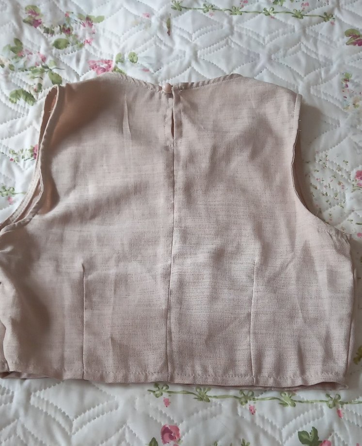 Bej Keten Kolsuz uste oturan kısa Bluz - Görsel 3