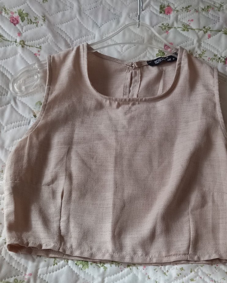 Bej Keten Kolsuz uste oturan kısa Bluz - Görsel 2