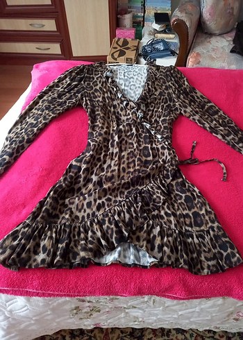 Leopar Desenli Kahverengi Uzun Kollu Bohem Elbise - Görsel 2