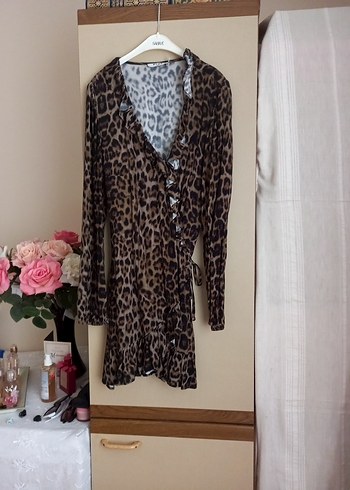 Leopar Desenli Kahverengi Uzun Kollu Bohem Elbise - Görsel 5