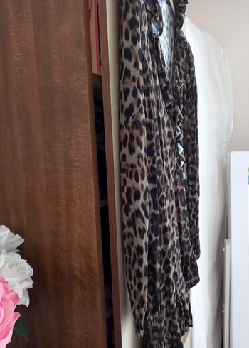 Leopar Desenli Kahverengi Uzun Kollu Bohem Elbise - Görsel 7