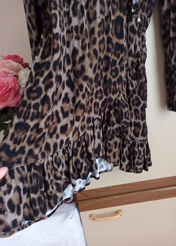 Leopar Desenli Kahverengi Uzun Kollu Bohem Elbise - Görsel 6